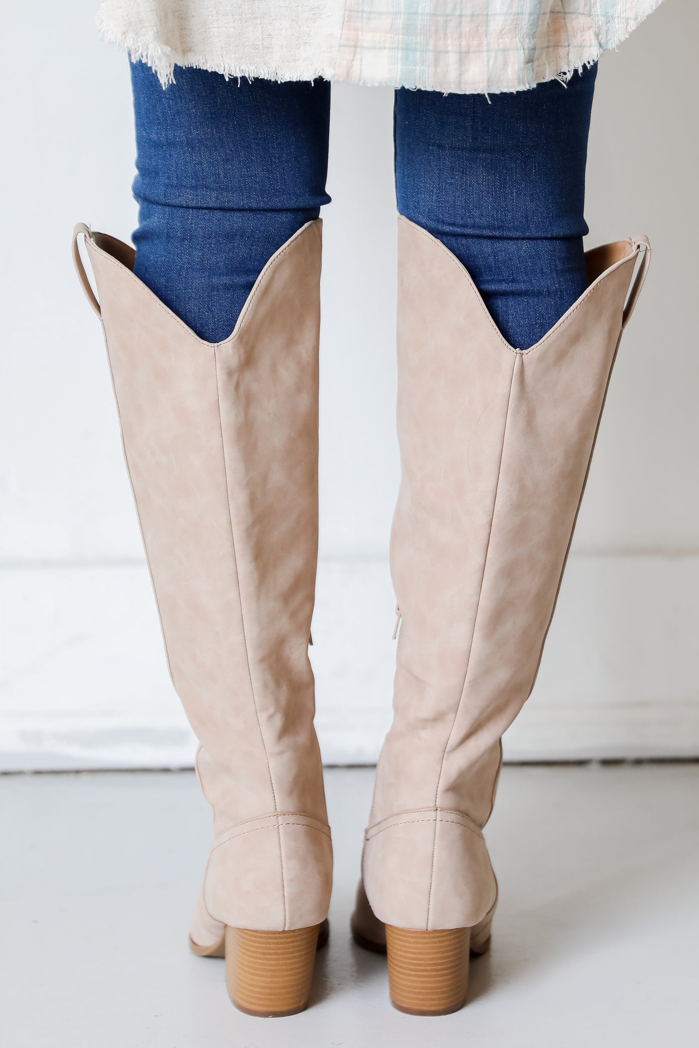 taupe Western Knee High Boots back view