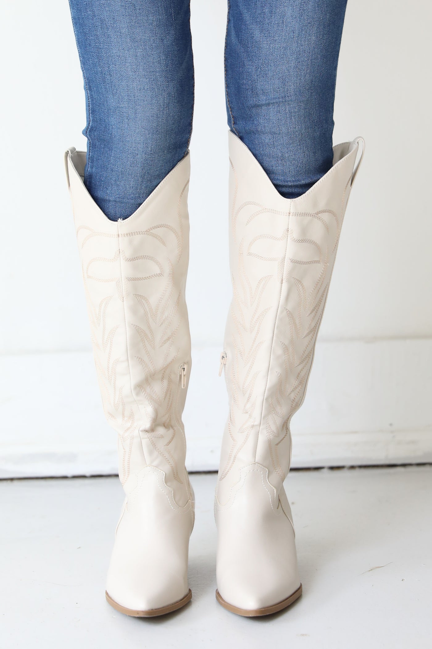white Western Knee High Boots front view