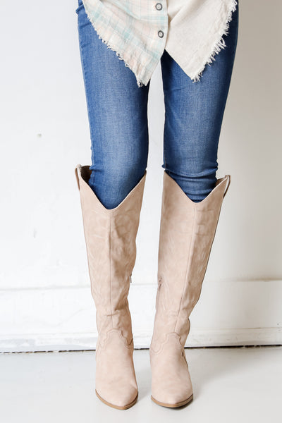 taupe Western Knee High Boots