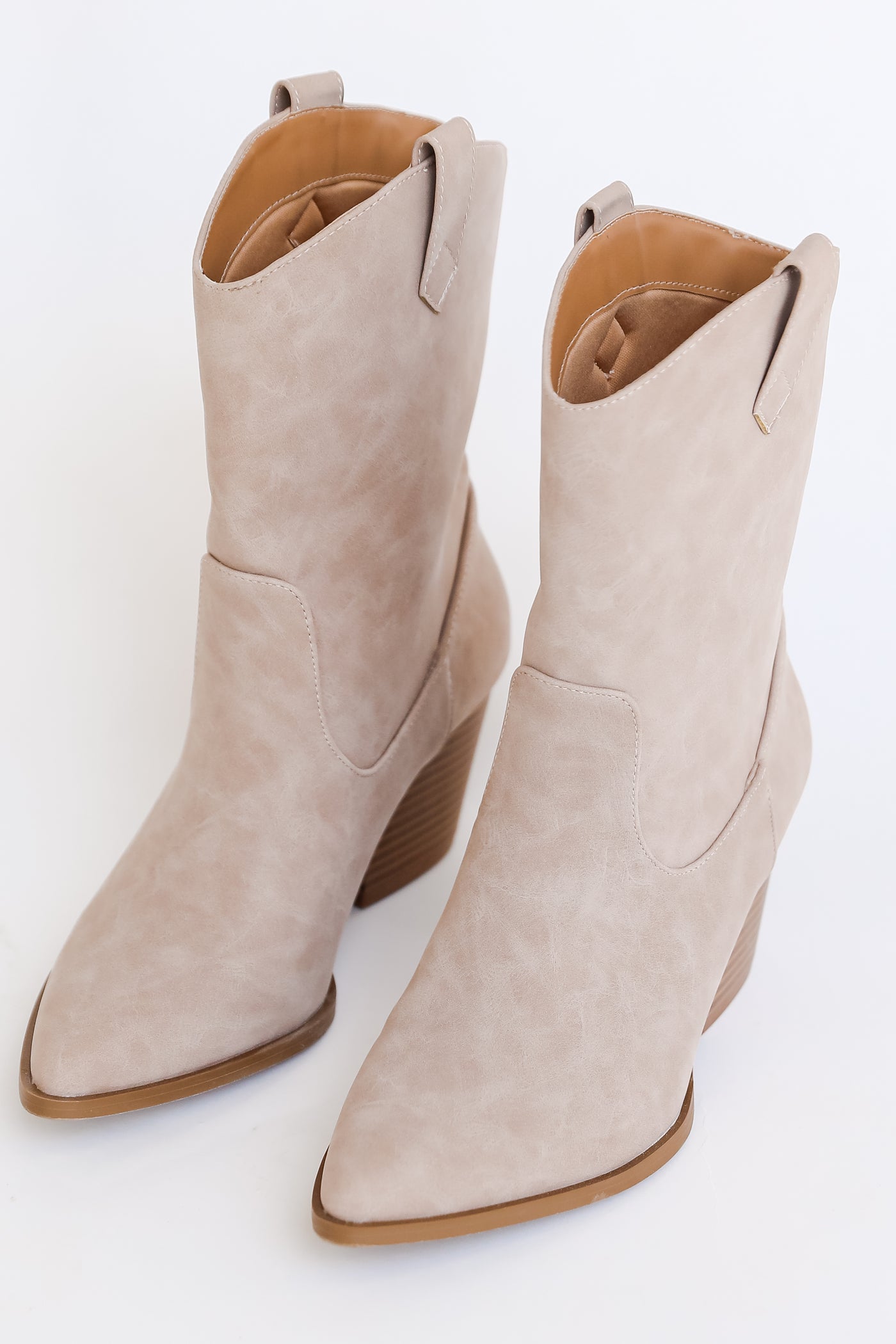 front view of taupe booties