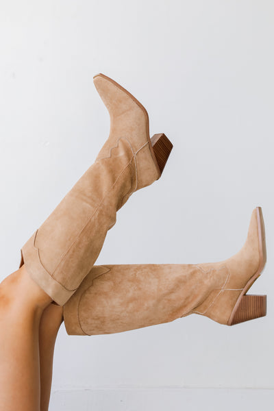 tan Western Knee High Boots on model