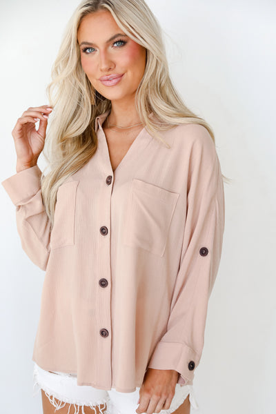 tan Button-Up Blouse on model