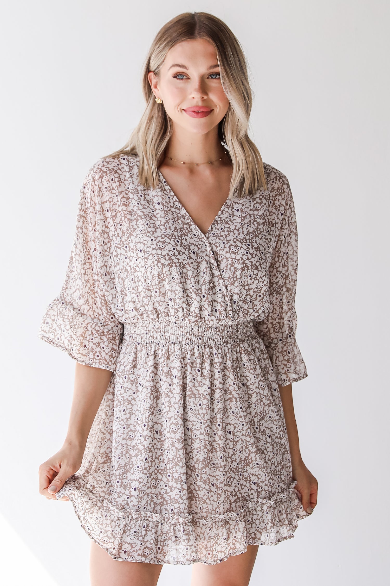 tan floral mini dress