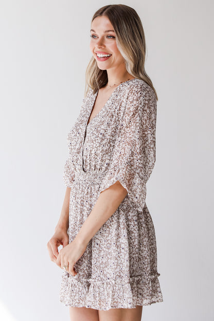 tan floral mini dress side view