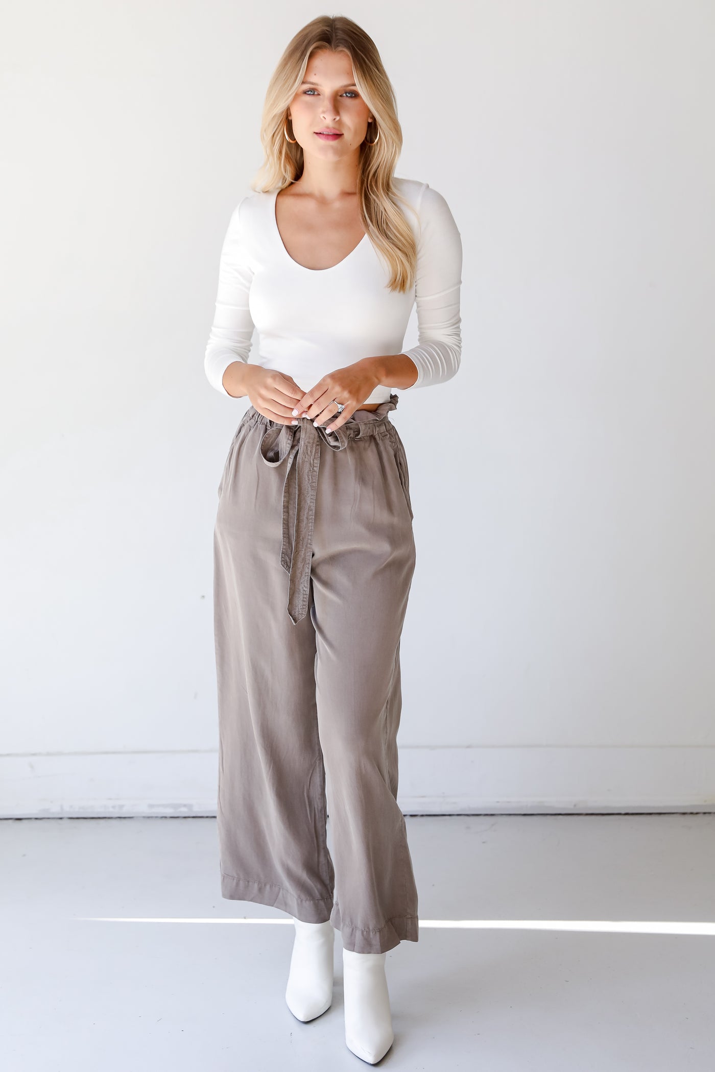taupe Paperbag Waist Pants front view