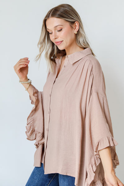 taupe ruffle blouse side view