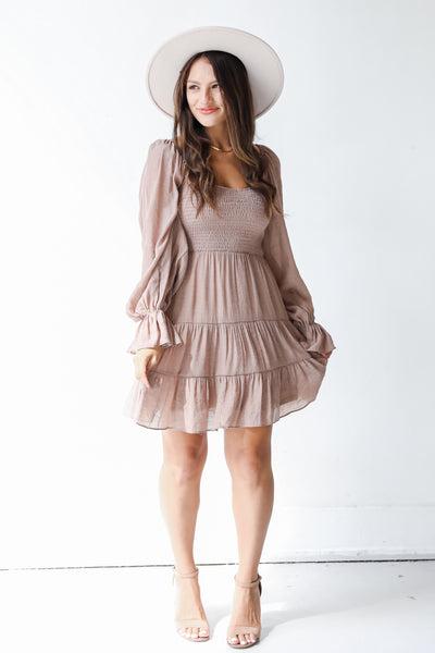 taupe smocked dress front view