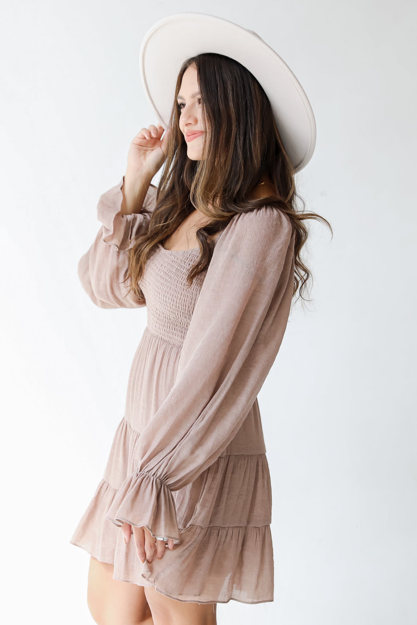 taupe smocked dress side view