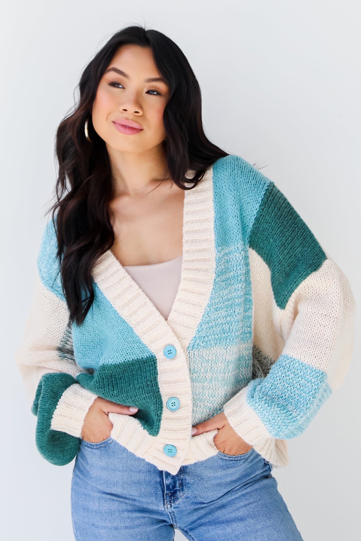 Cropped Checkered Sweater Cardigan on model