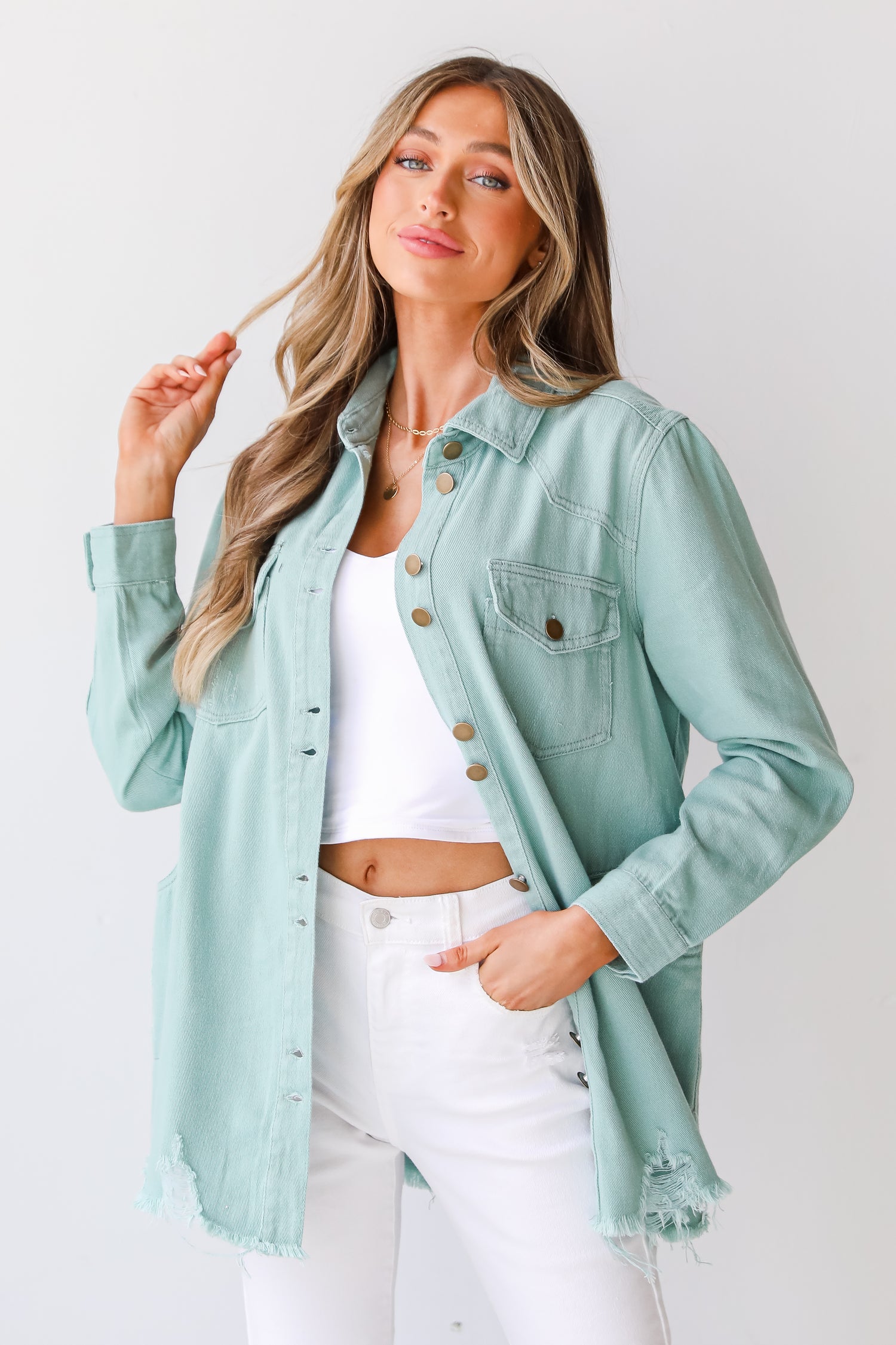 teal Distressed Denim Jacket
