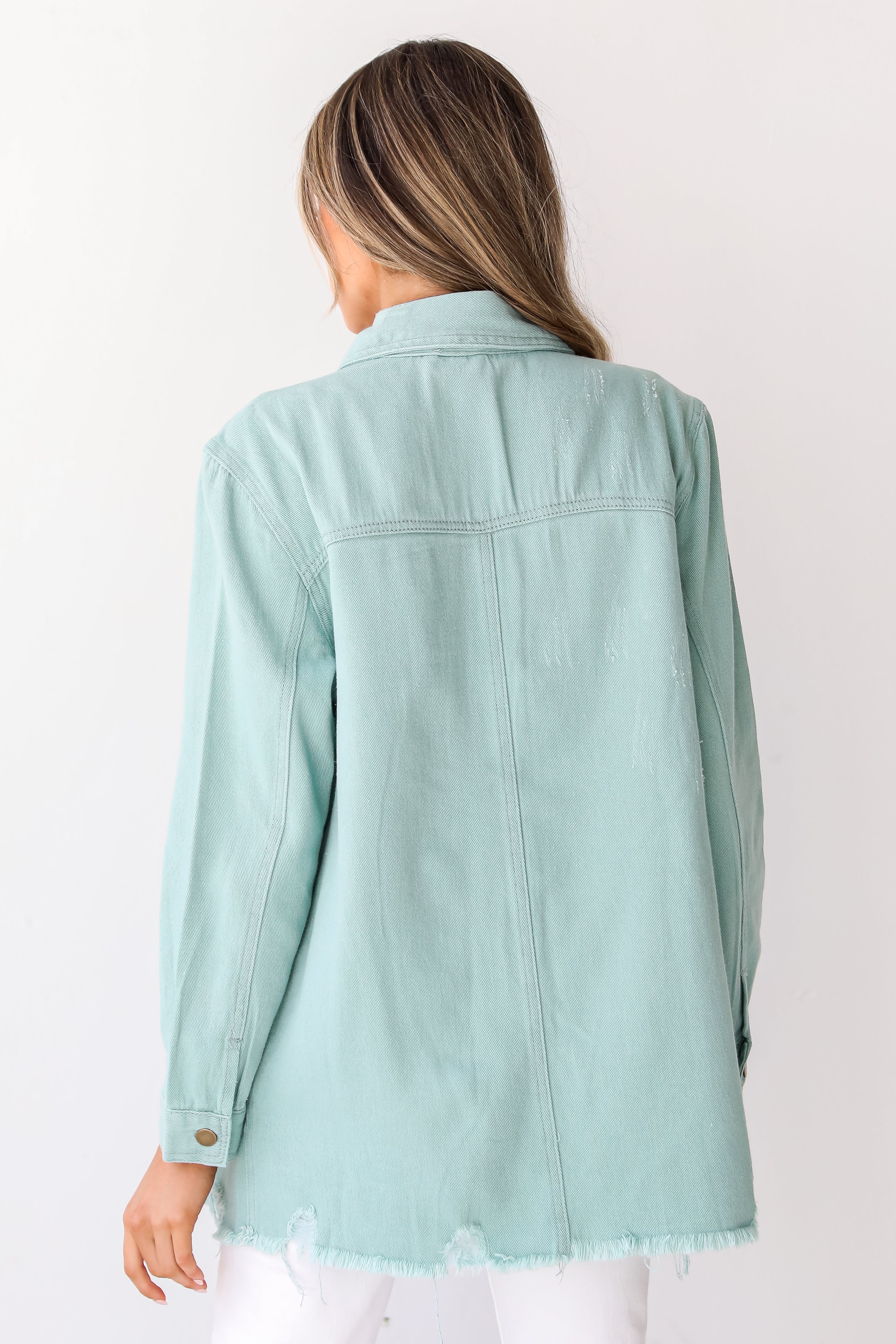 teal Distressed Denim Jacket back view