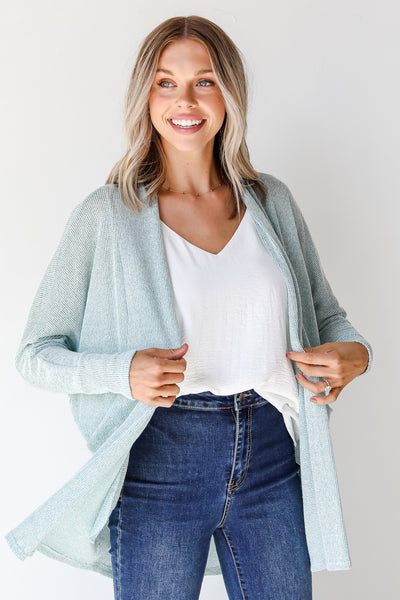 front view of a blue cardigan