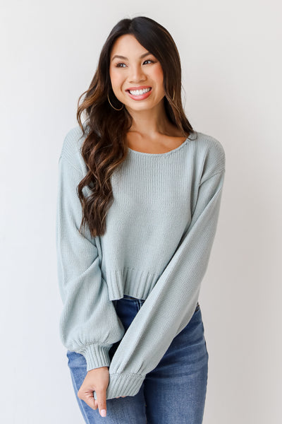 blue cropped sweater front view