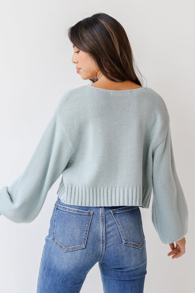 blue sweater back view