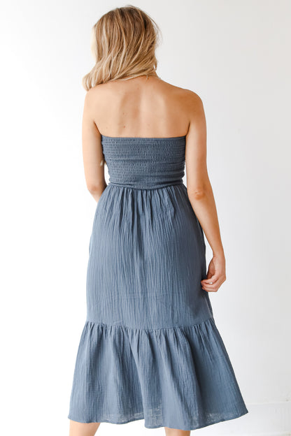 blue linen midi dress back view
