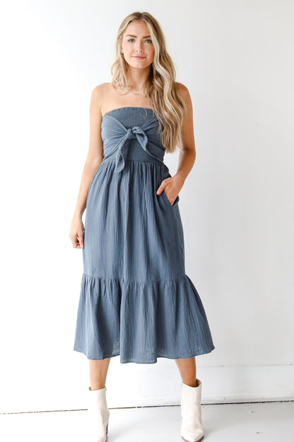 linen strapless midi dress front view