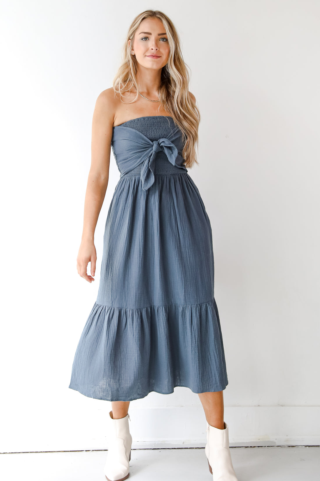 blue linen midi dress