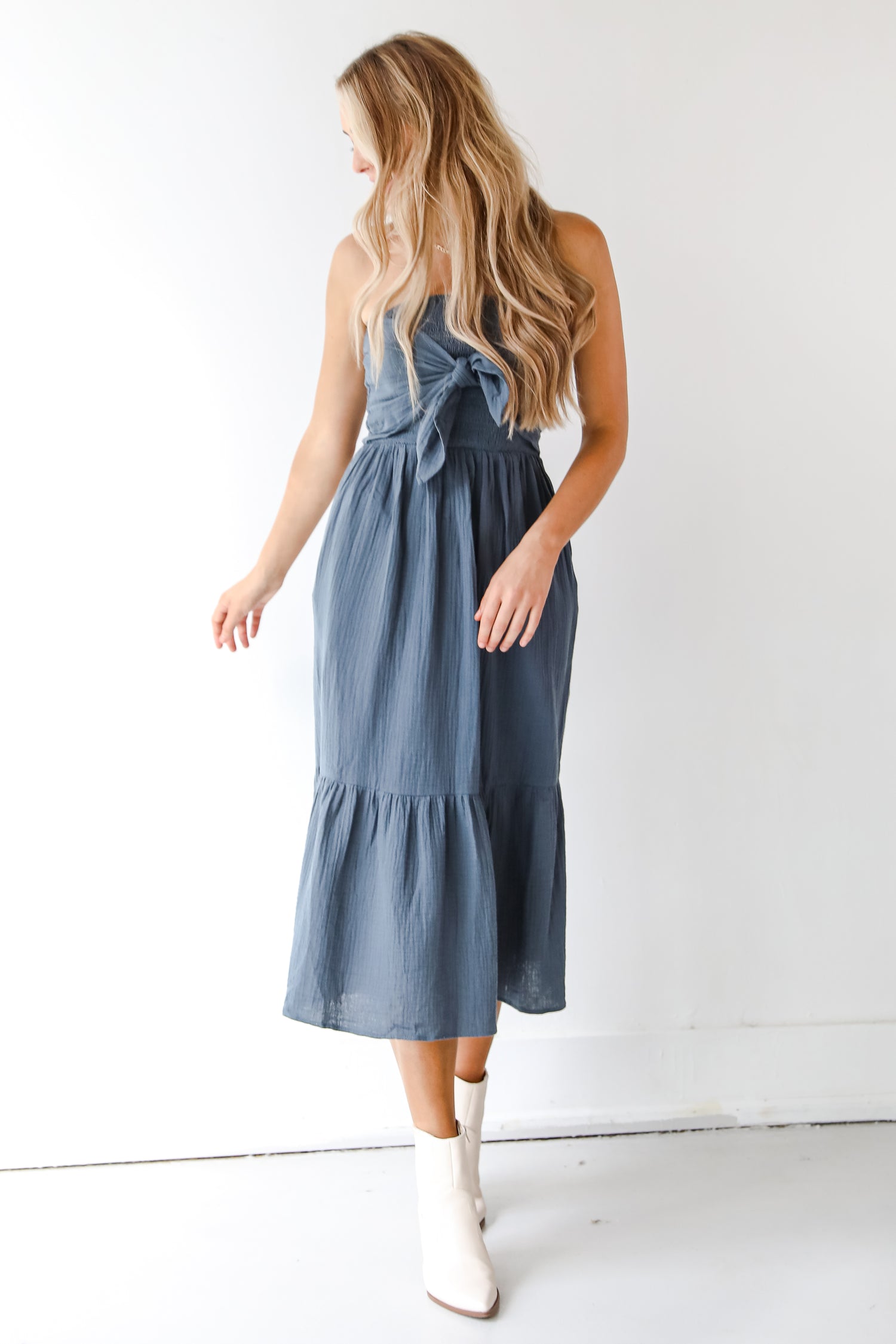 navy linen midi dress on model