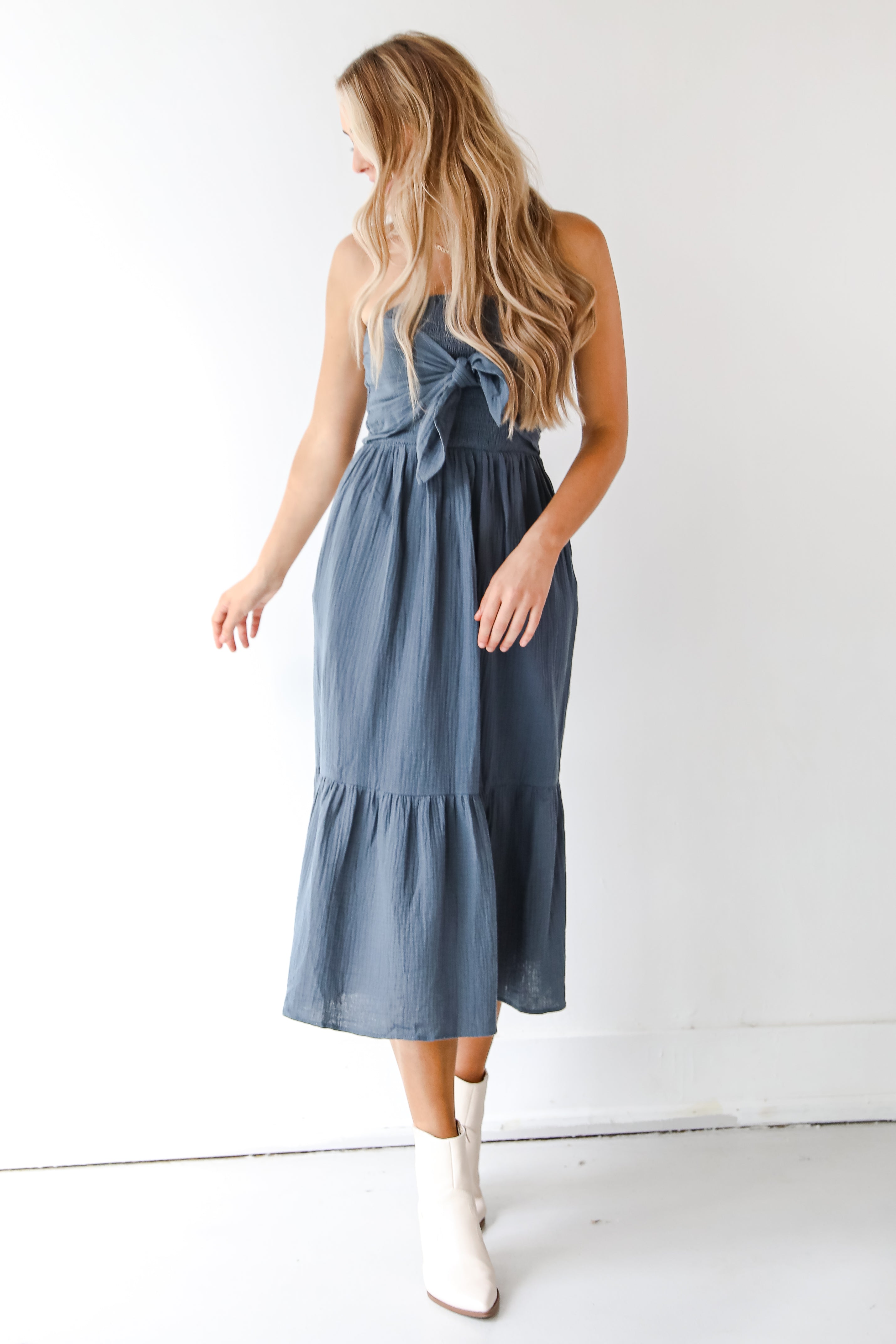 navy linen midi dress on model