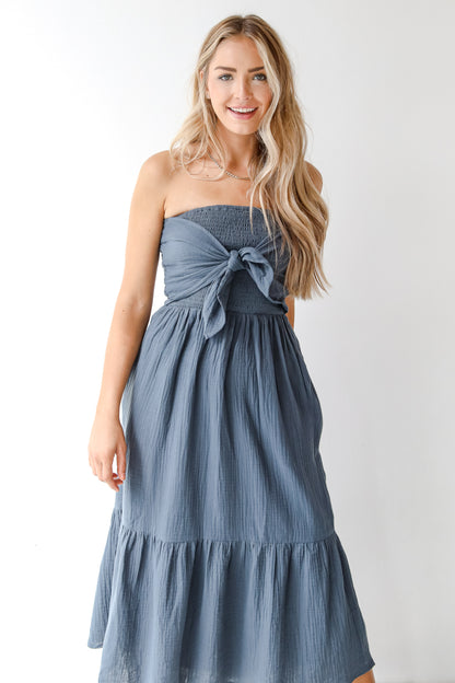 blue linen midi dress front view