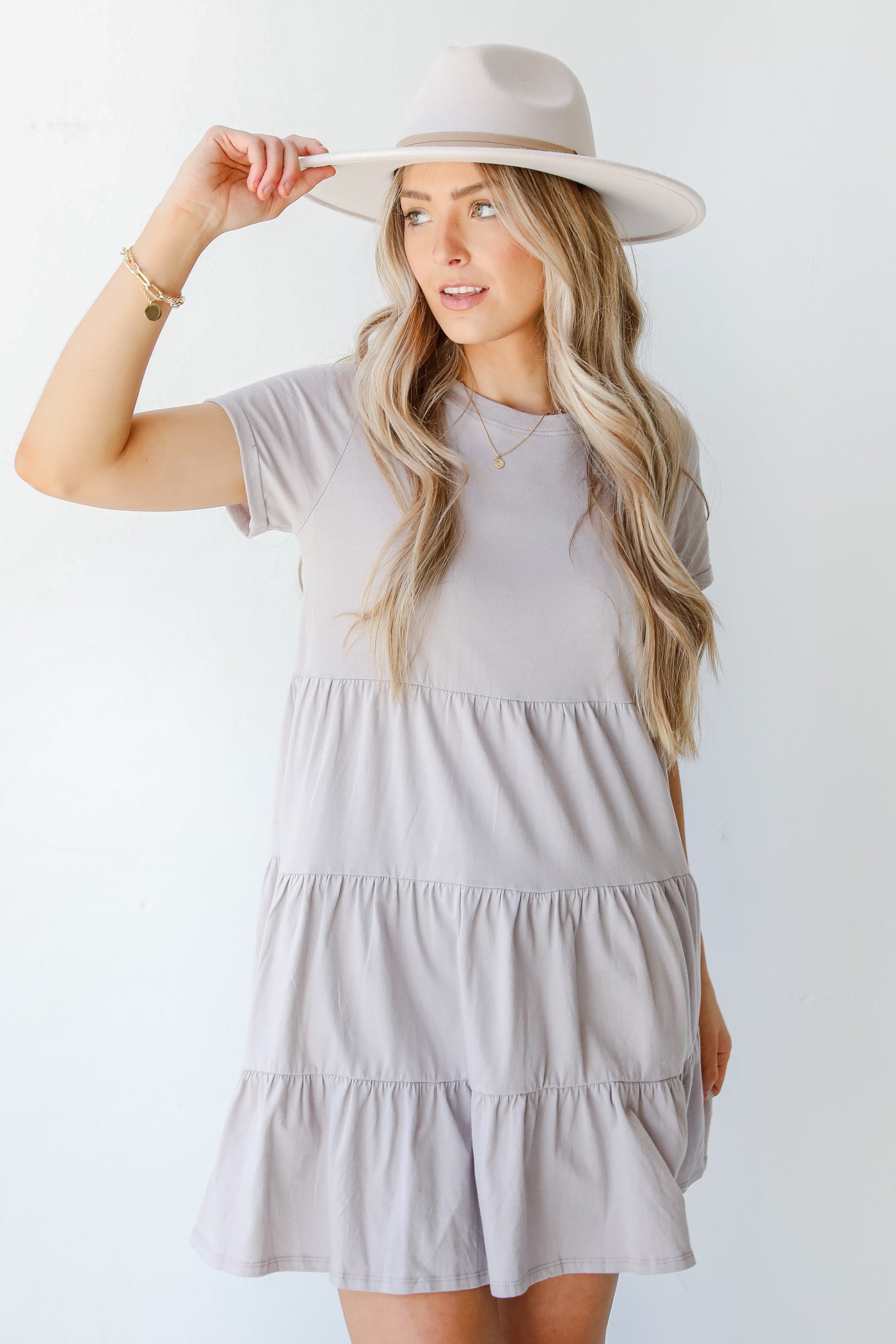 Tiered Mini Dress in grey on model