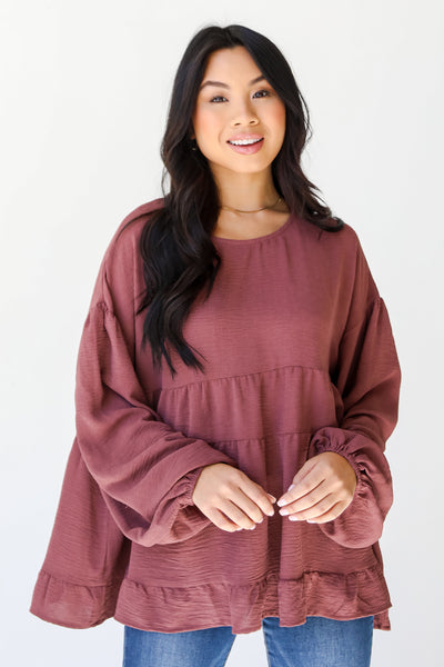 mauve Tiered Blouse on model
