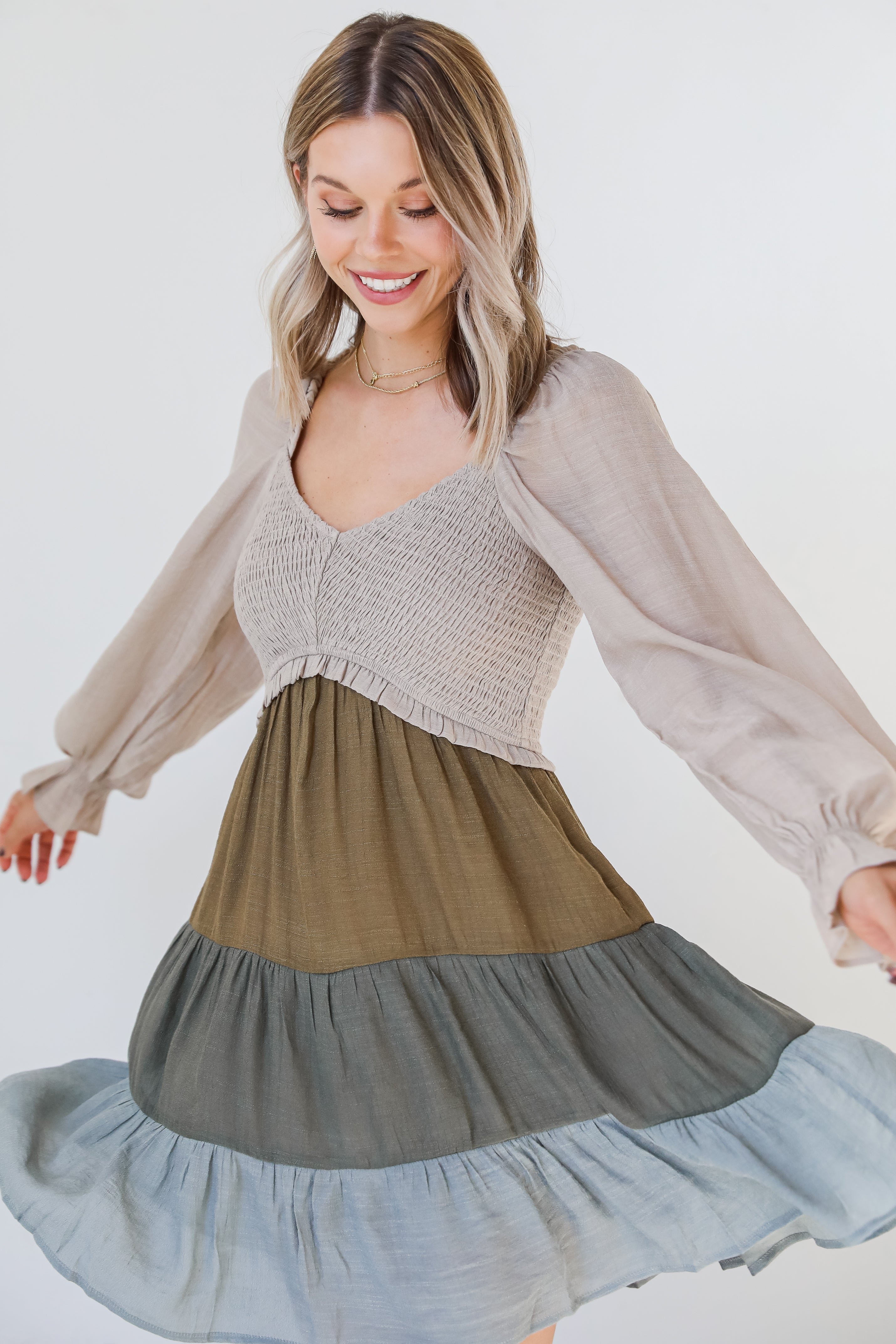 Tiered Color Block Mini Dress on model