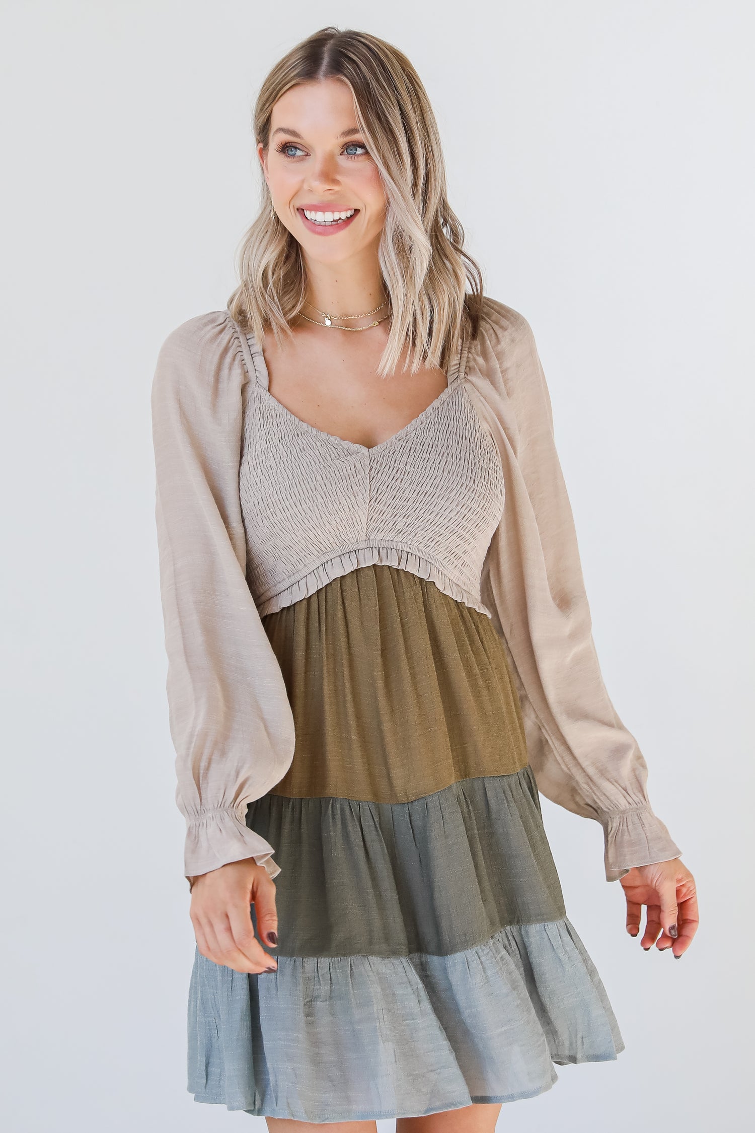 Tiered Color Block Mini Dress on dress up model