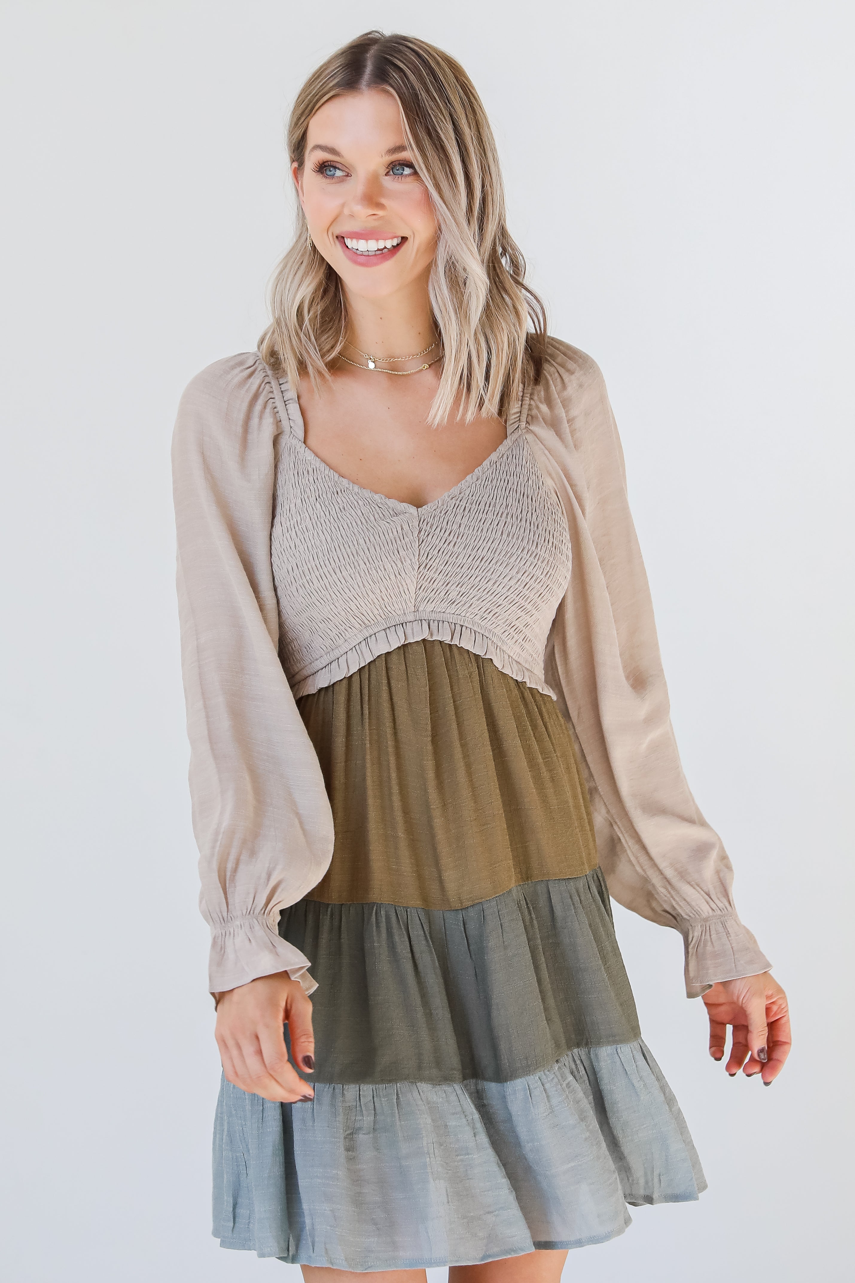 Tiered Color Block Mini Dress on dress up model