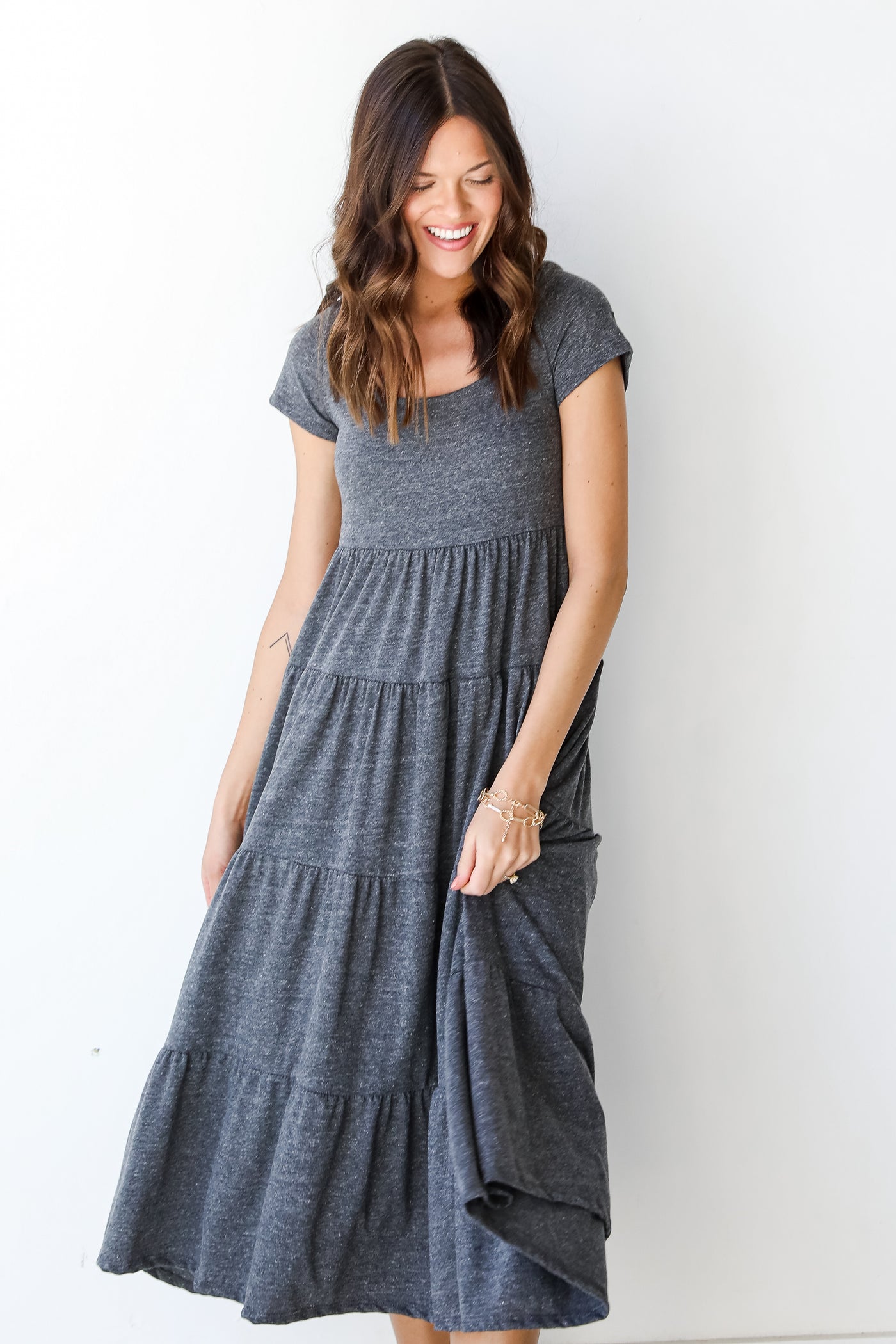 Tiered Maxi Dress in charcoal on model
