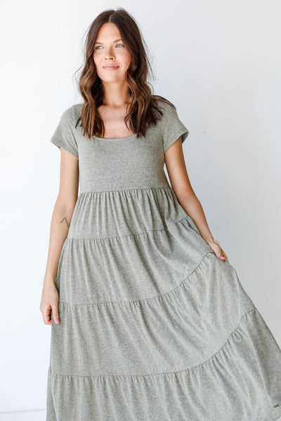Tiered Maxi Dress in olive close up