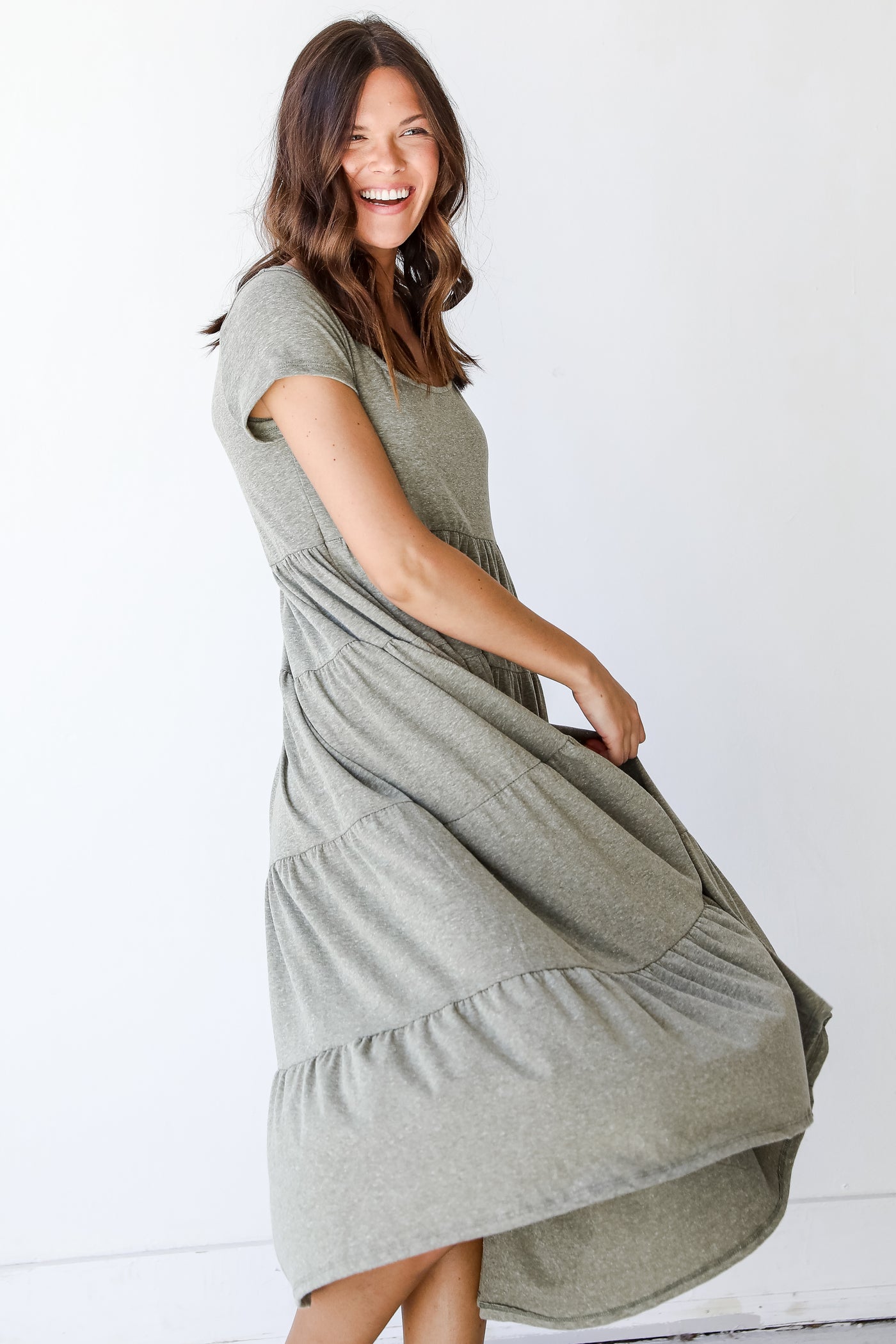 Tiered Maxi Dress in olive on model
