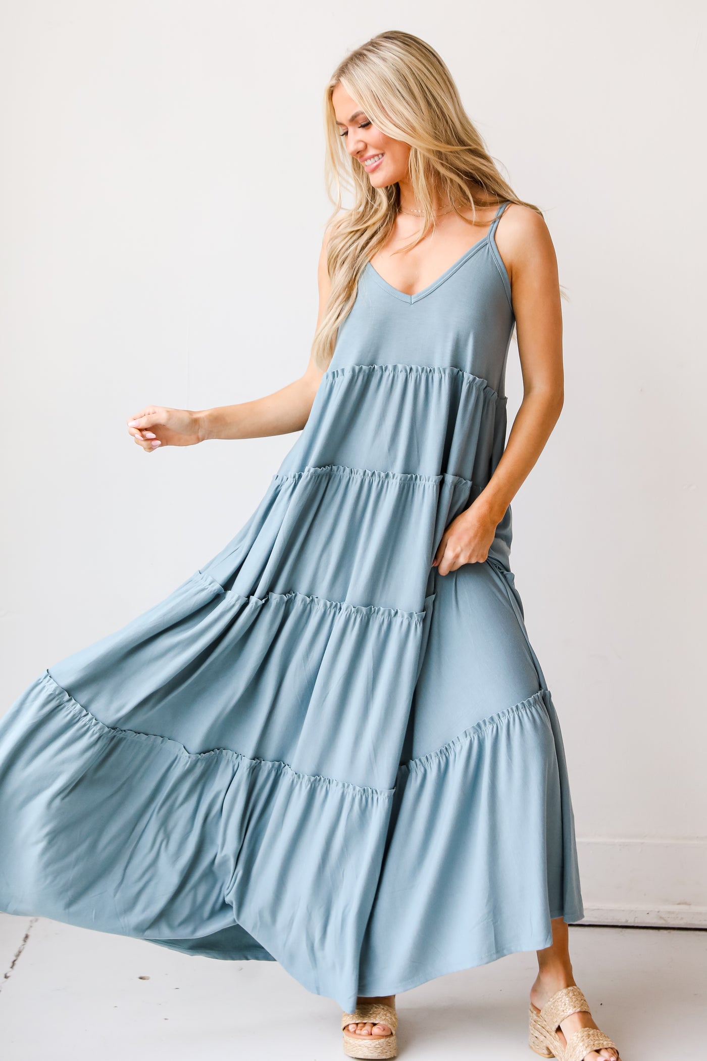 sage Tiered Maxi Dress on model