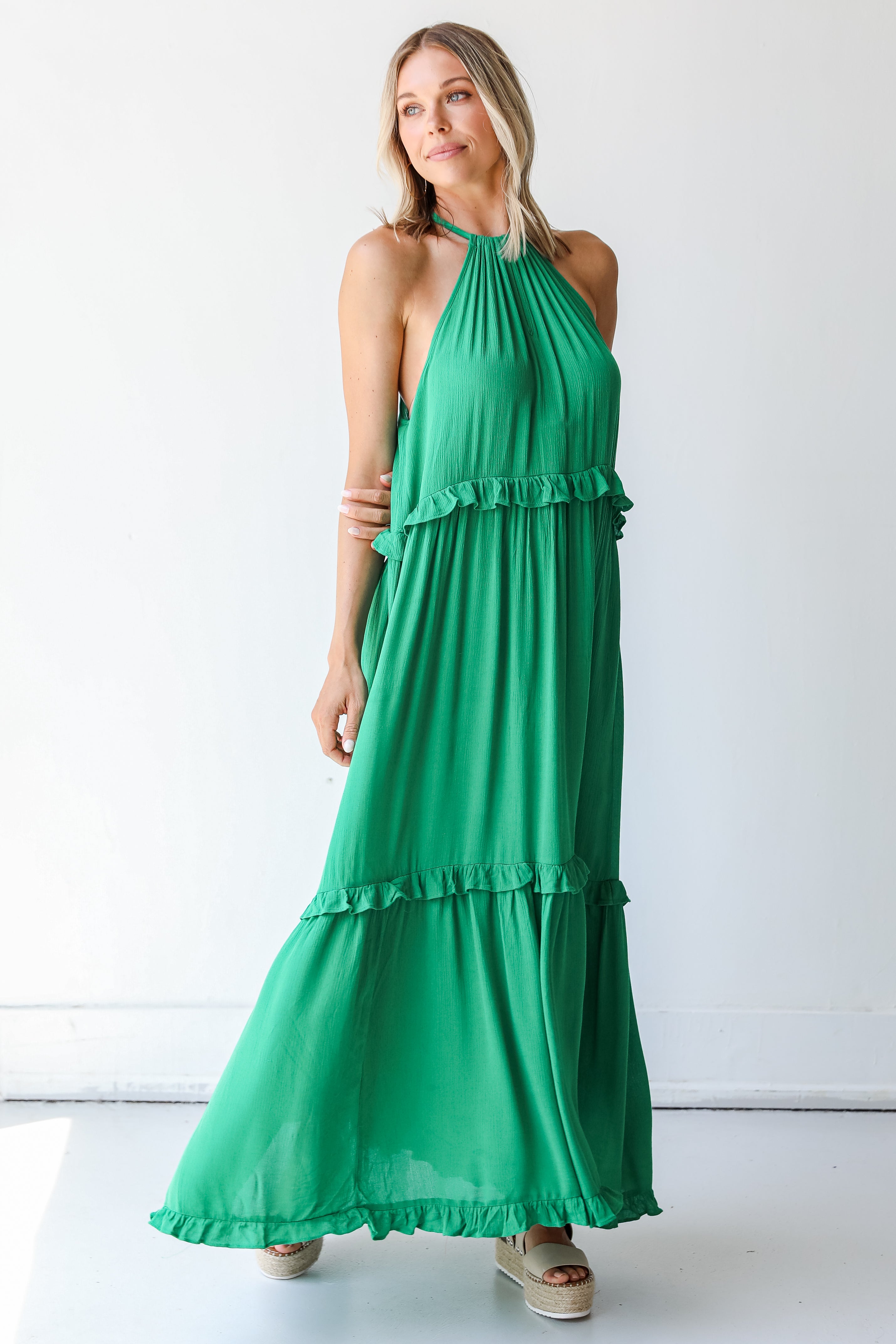 Tiered Maxi Dress in green on model