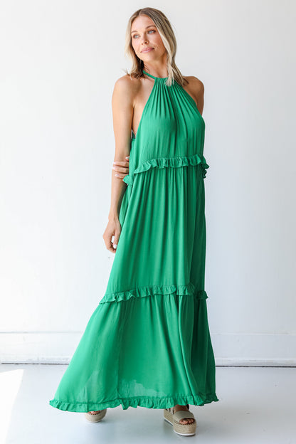 Tiered Maxi Dress in green on model