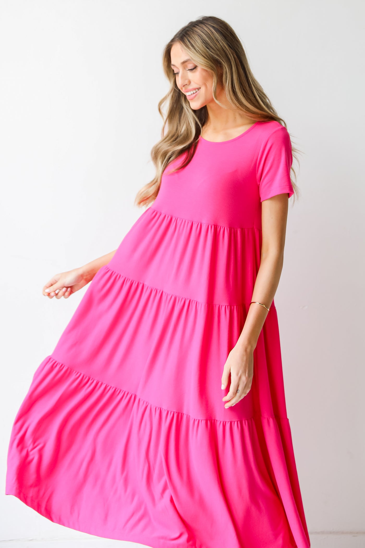pink Tiered T-Shirt Maxi Dress on model