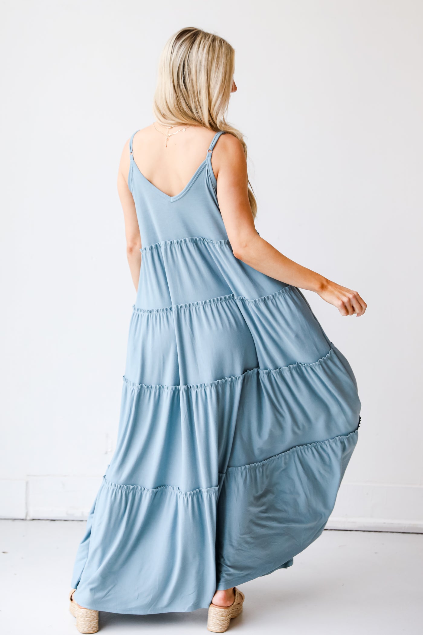 sage Tiered Maxi Dress back view