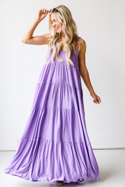 purple Tiered Maxi Dress on model