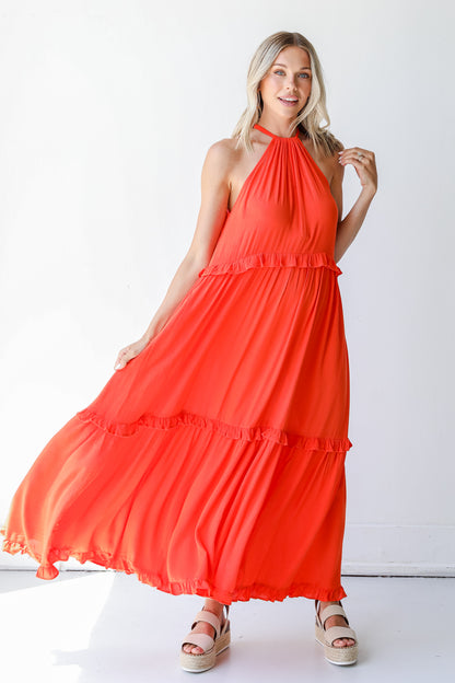 Tiered Maxi Dress in orange on model