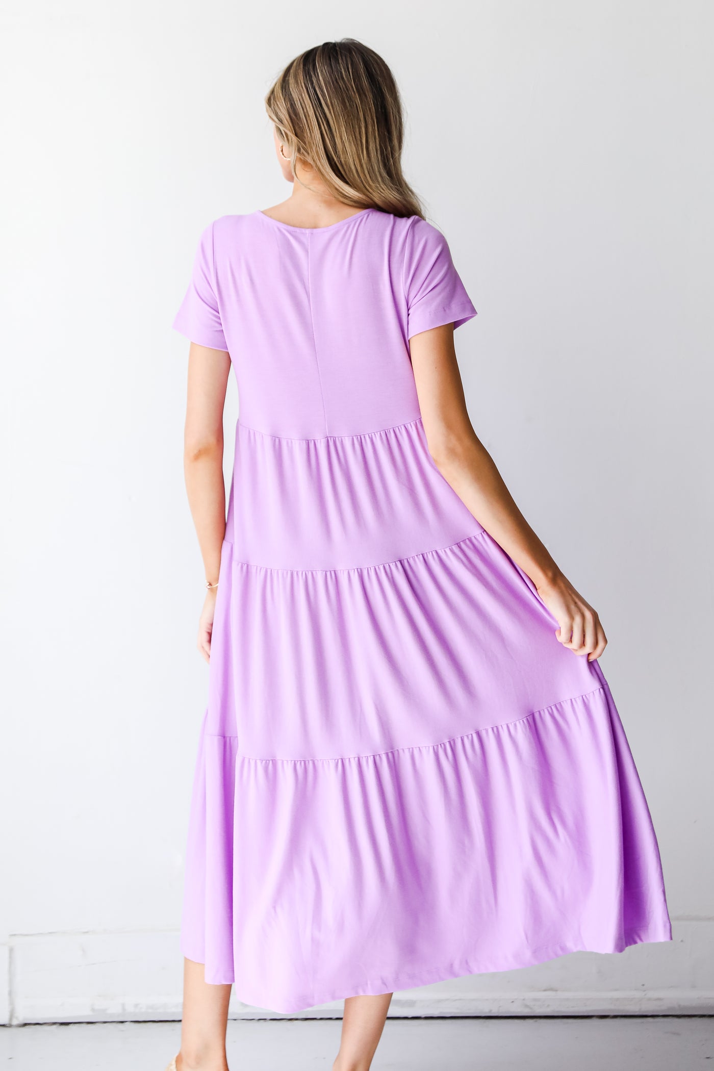 purple Tiered T-Shirt Maxi Dress back view
