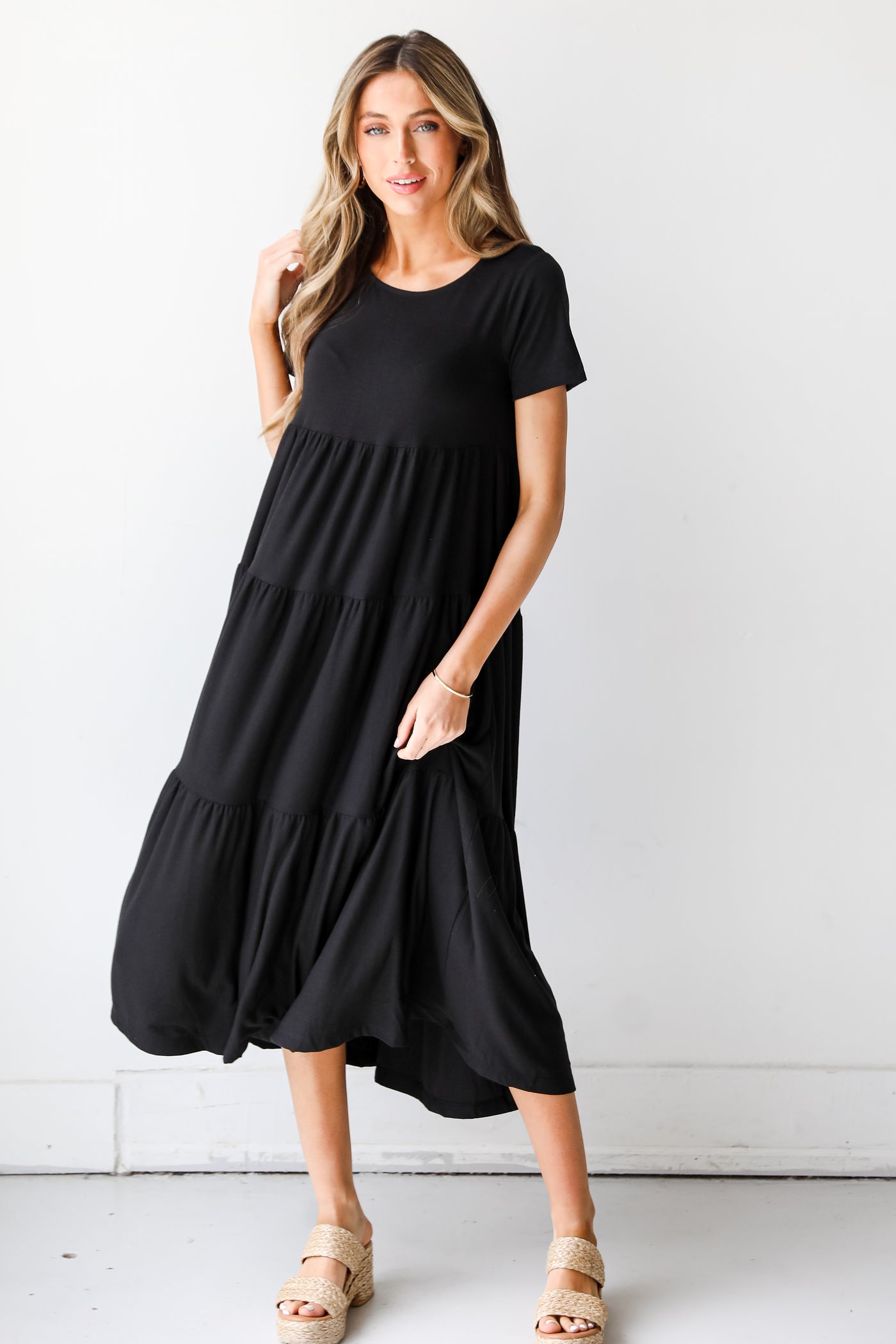 black Tiered T-Shirt Maxi Dress on model