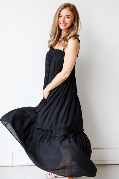 Tiered Maxi Dress in black on model