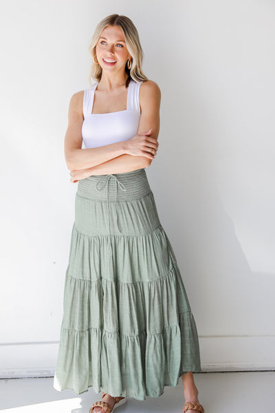 Tiered Maxi Skirt in olive