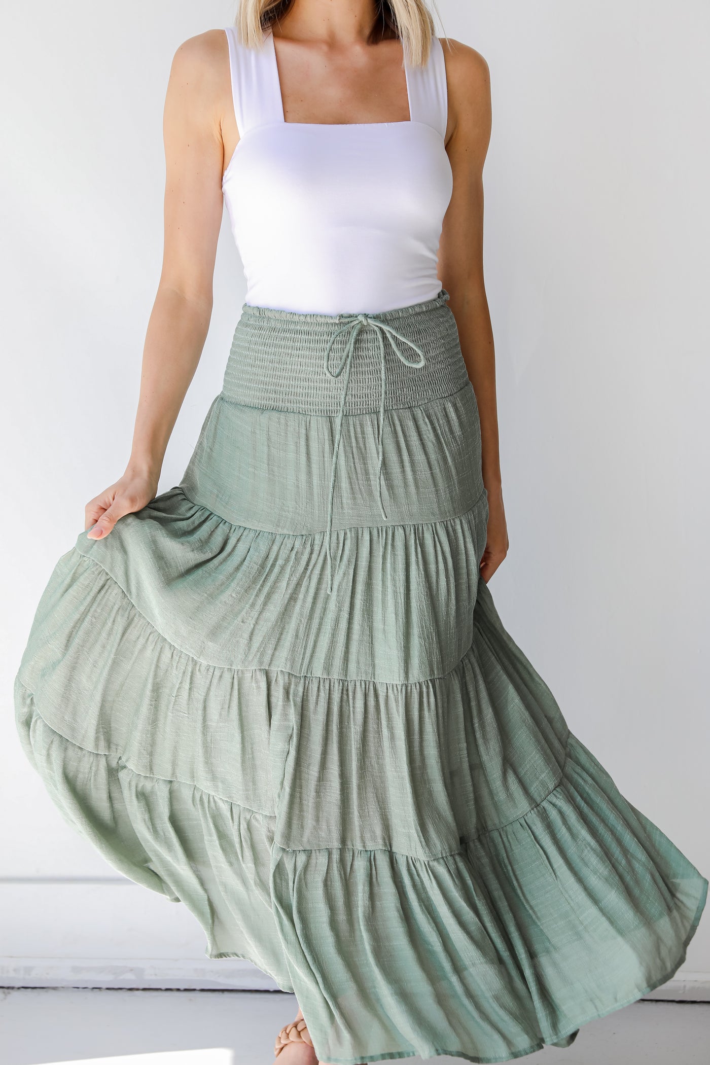 Tiered Maxi Skirt in olive on model