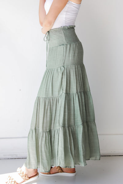 Tiered Maxi Skirt in olive side view
