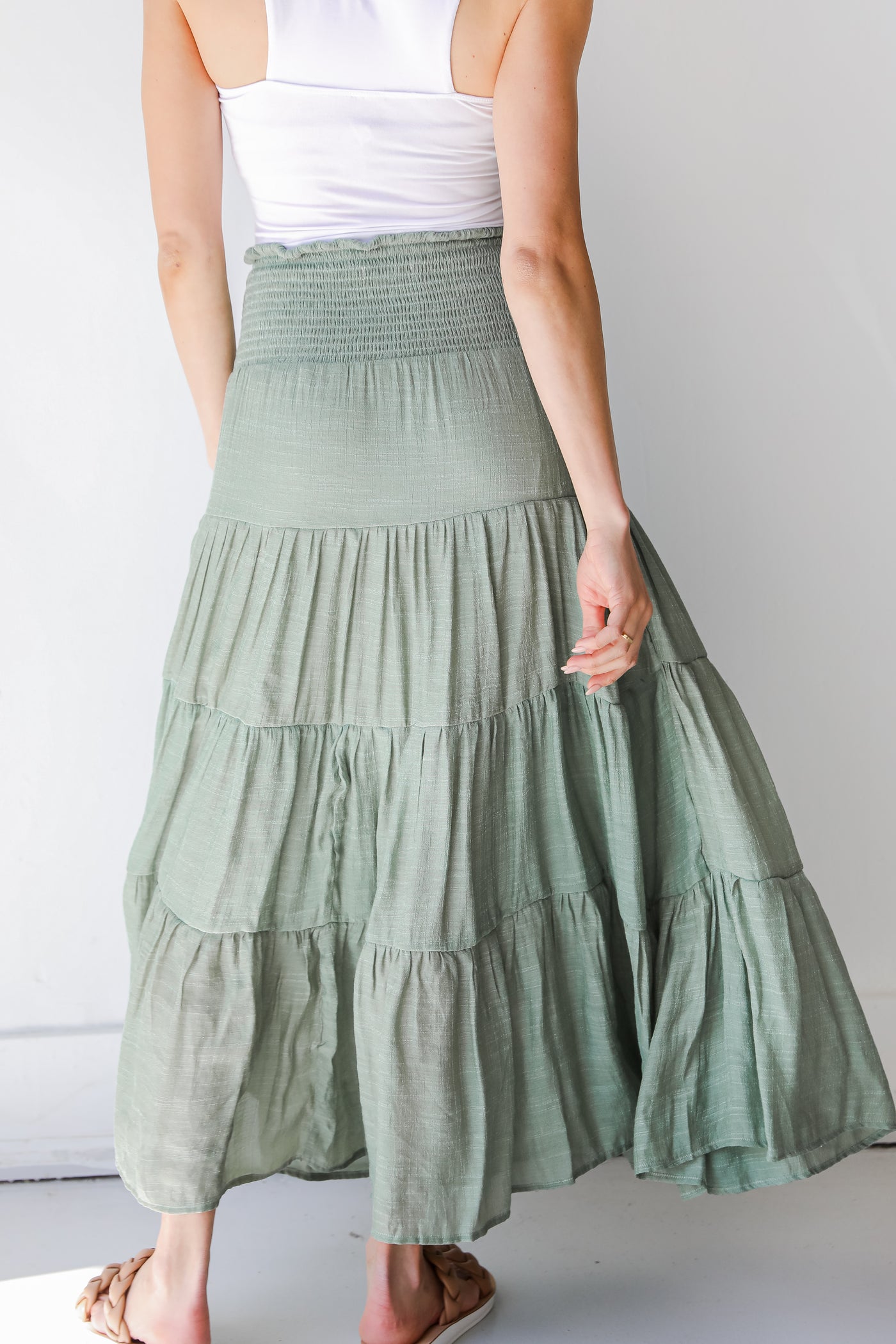 Tiered Maxi Skirt in olive back view