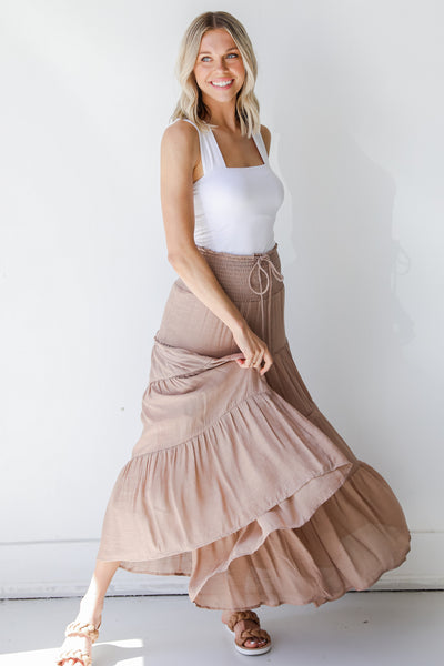 Tiered Maxi Skirt in taupe on model