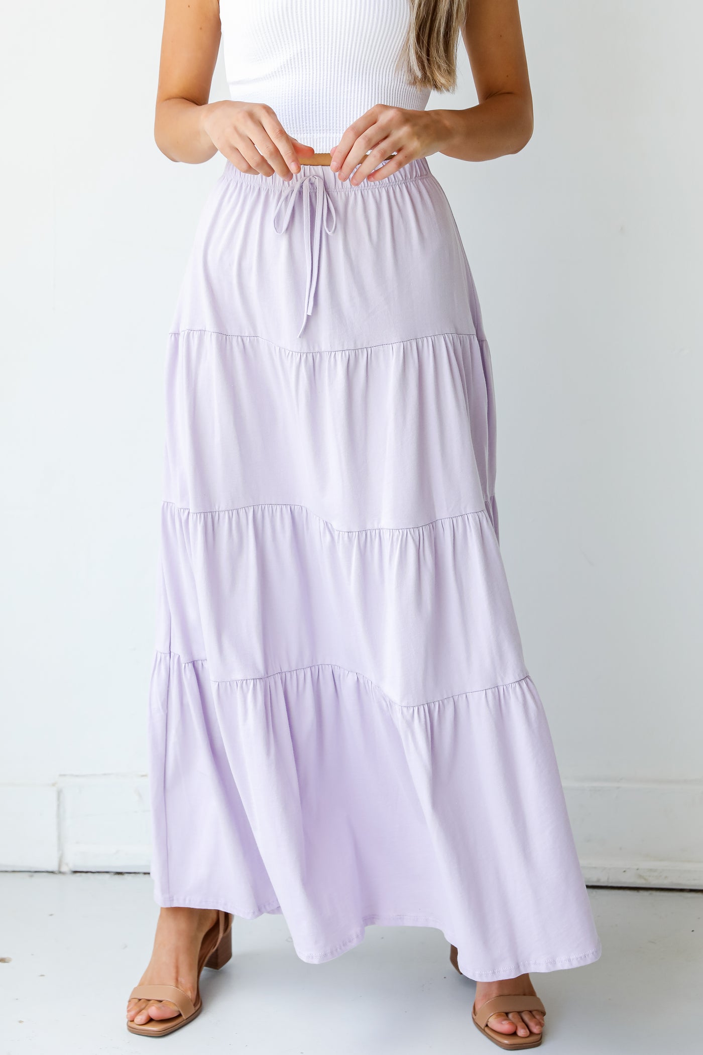 Tiered Maxi Skirt in lilac on model