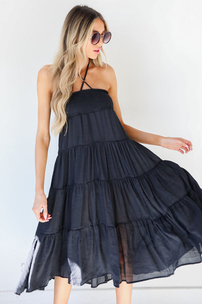 Tiered Maxi Skirt in black on model