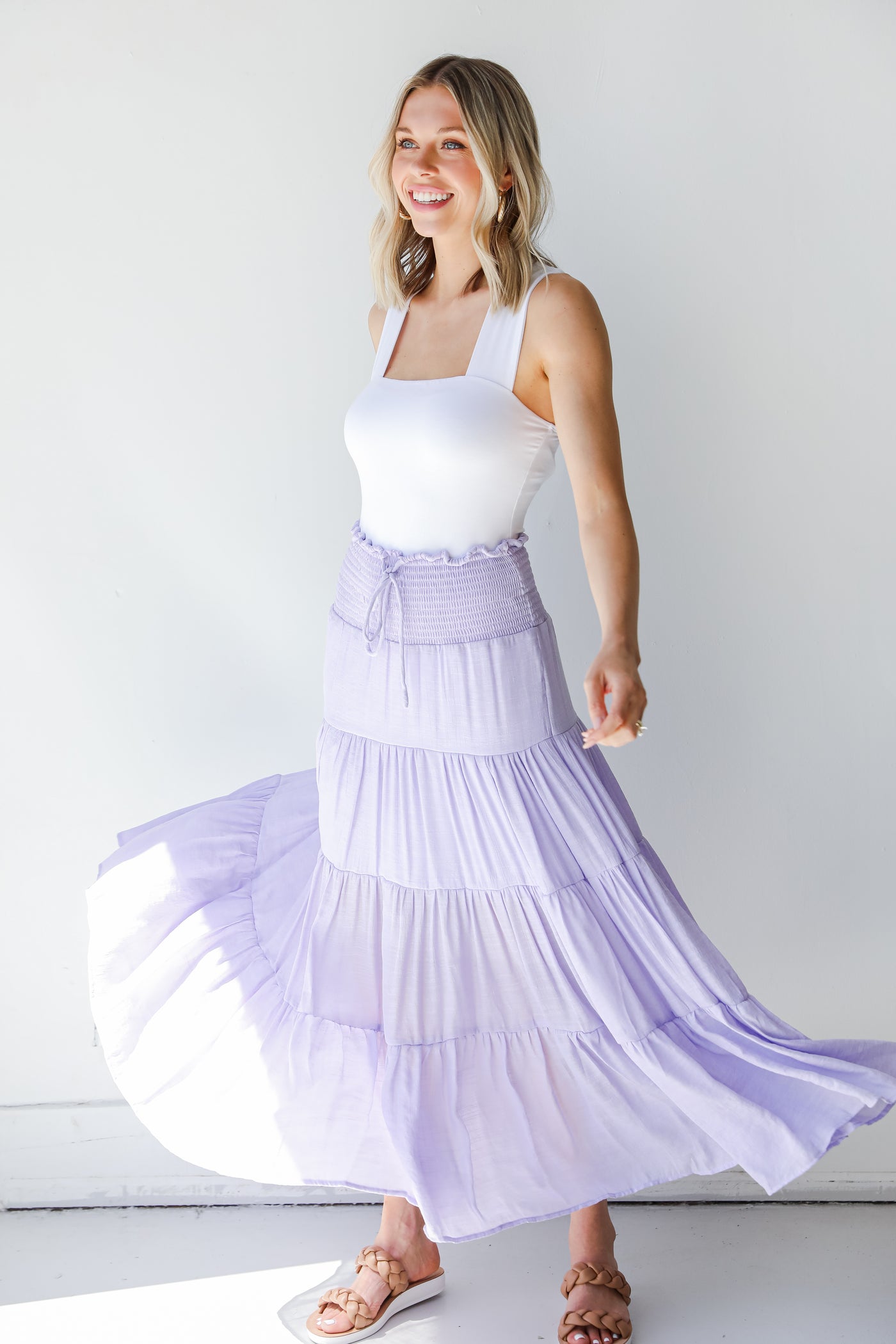 Tiered Maxi Skirt in lilac on model